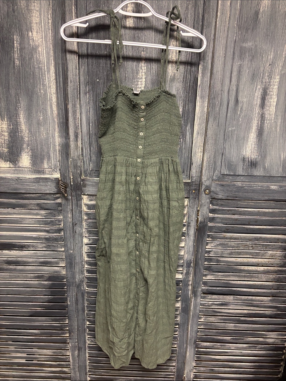 aerie Olive Green Button-Front Midi Dress with Tie Straps